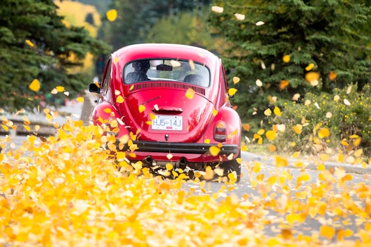 red vintage beetle driving through falling leaves in fall